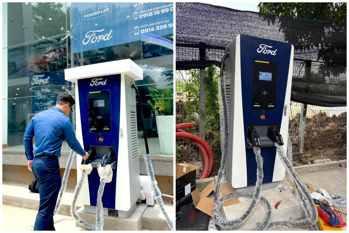 Trụ sạc nhanh DC với logo Ford được lắp đặt