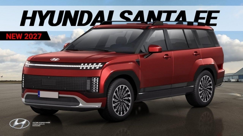 Đầu xe Hyundai Santa Fe 2027 với lưới tản nhiệt lớn và đèn LED pixel